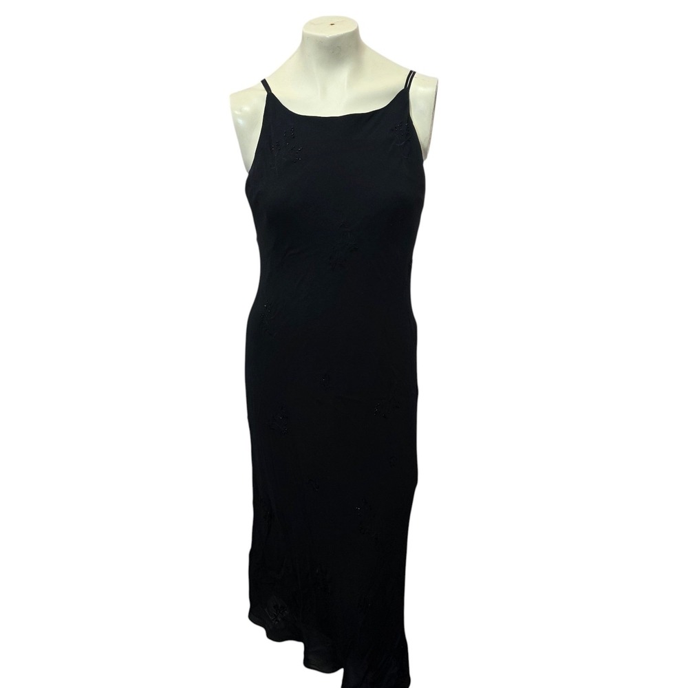 Jones New York Dress 10 Black 100% Silk Beaded Maxi Slip Gown Y2K Vintage 90s